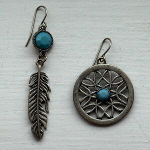 MIX & MATCH FEATHER & DREAM CATCHER SILVER TONE & BLUE EARRINGS